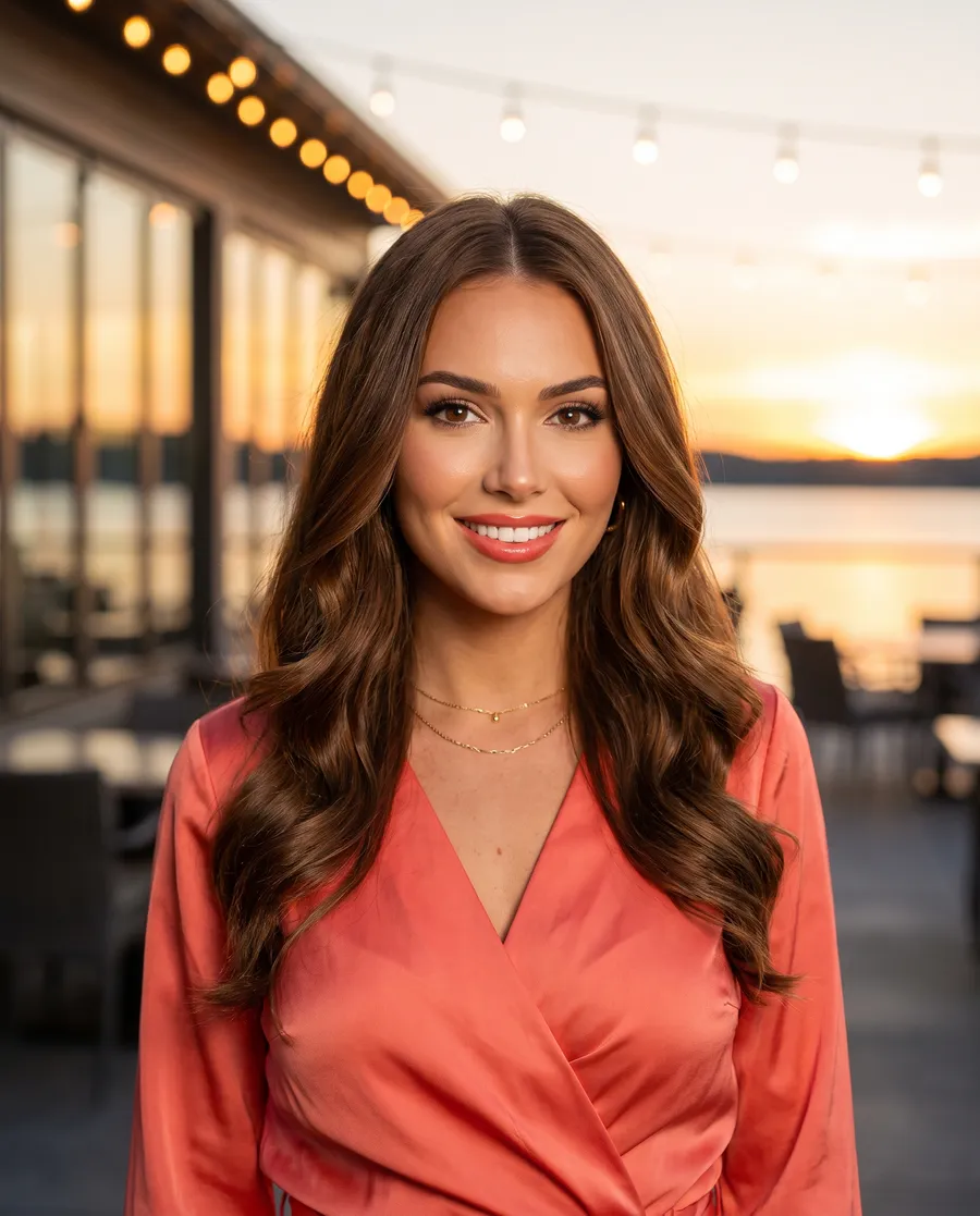 Portrait of Dana Whitfield on a lakeside terrace at dusk